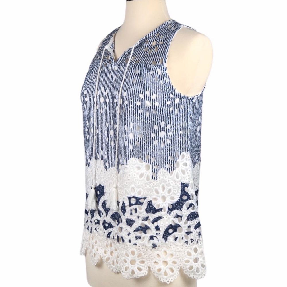 Sleeveless Top Blue White Stripes Lace Tassel XS - Picture 3 of 8